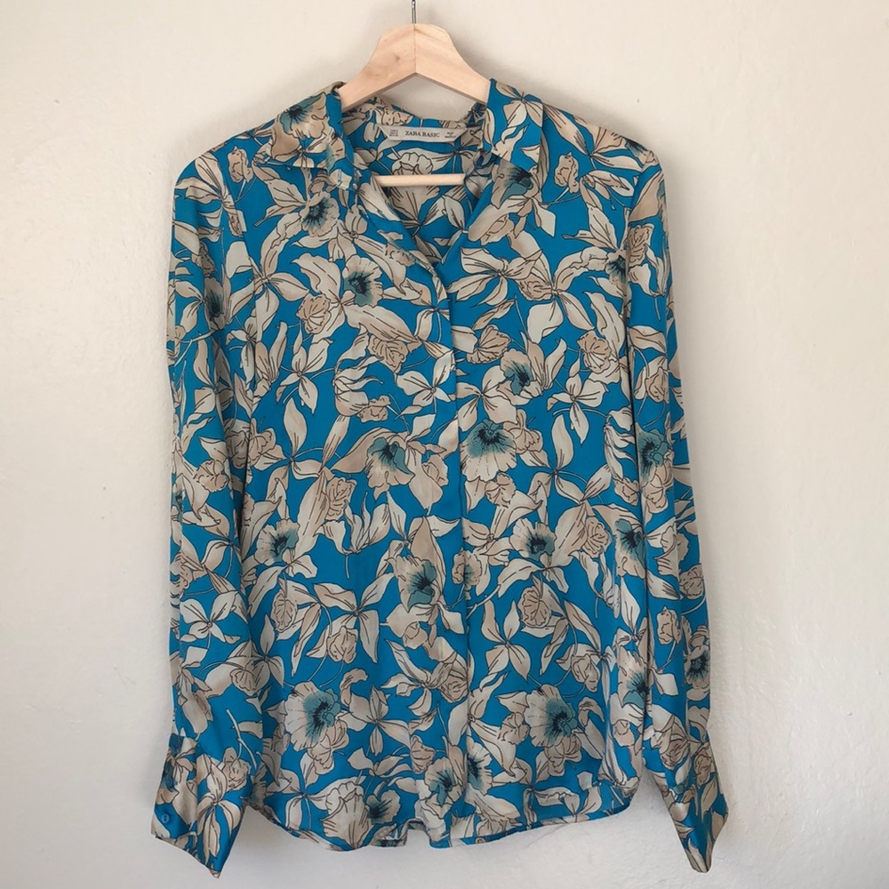 Blue Satin Floral Blouse